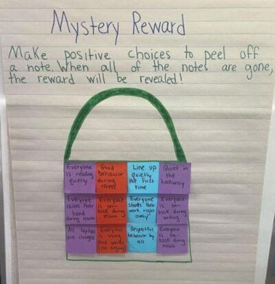 Chart paper with sticky notes and title 'Mystery Reward'