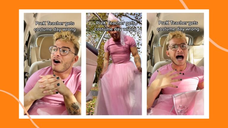 Still images from TikTok of teacher who dressed up on the wrong day