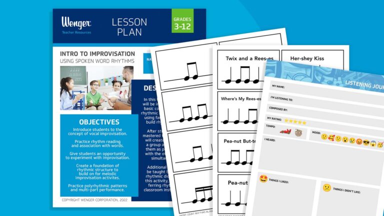 Images of free resources offered by Wenger for music teacher lesson plans