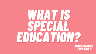 Text that says What Is Special Education? on a pink background with #BuzzwordsExplained logo.