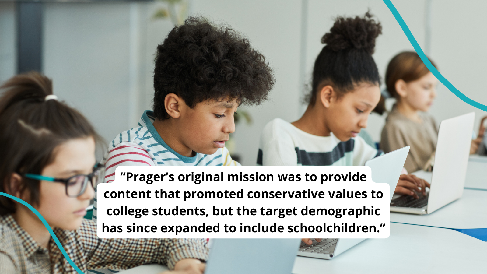 Photo of children using computers with quote about PragerU's educational resources