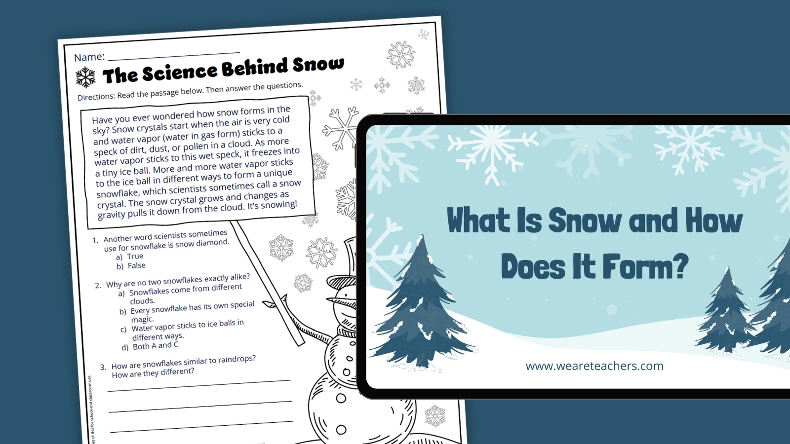 Tablet screen with What Is Snow slideshow and a related snow reading comprehension worksheet for students.