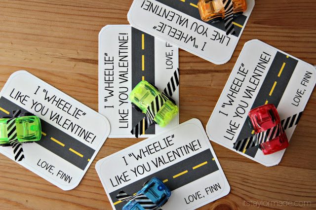 Valentine cards for students featuring toy cars