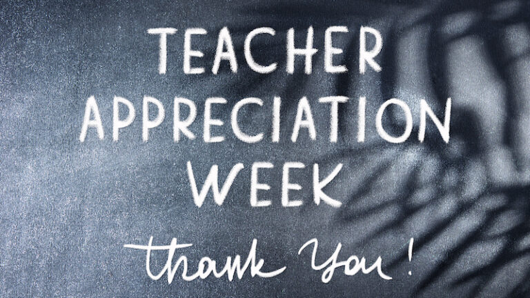 School chalk board with text "Teacher Appreciation Week thank you" on gray background.