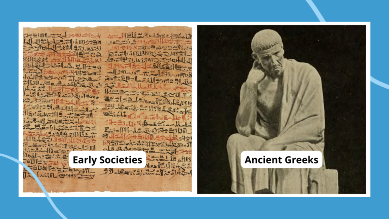 Writing from ancient societies and ancient Greek statue.