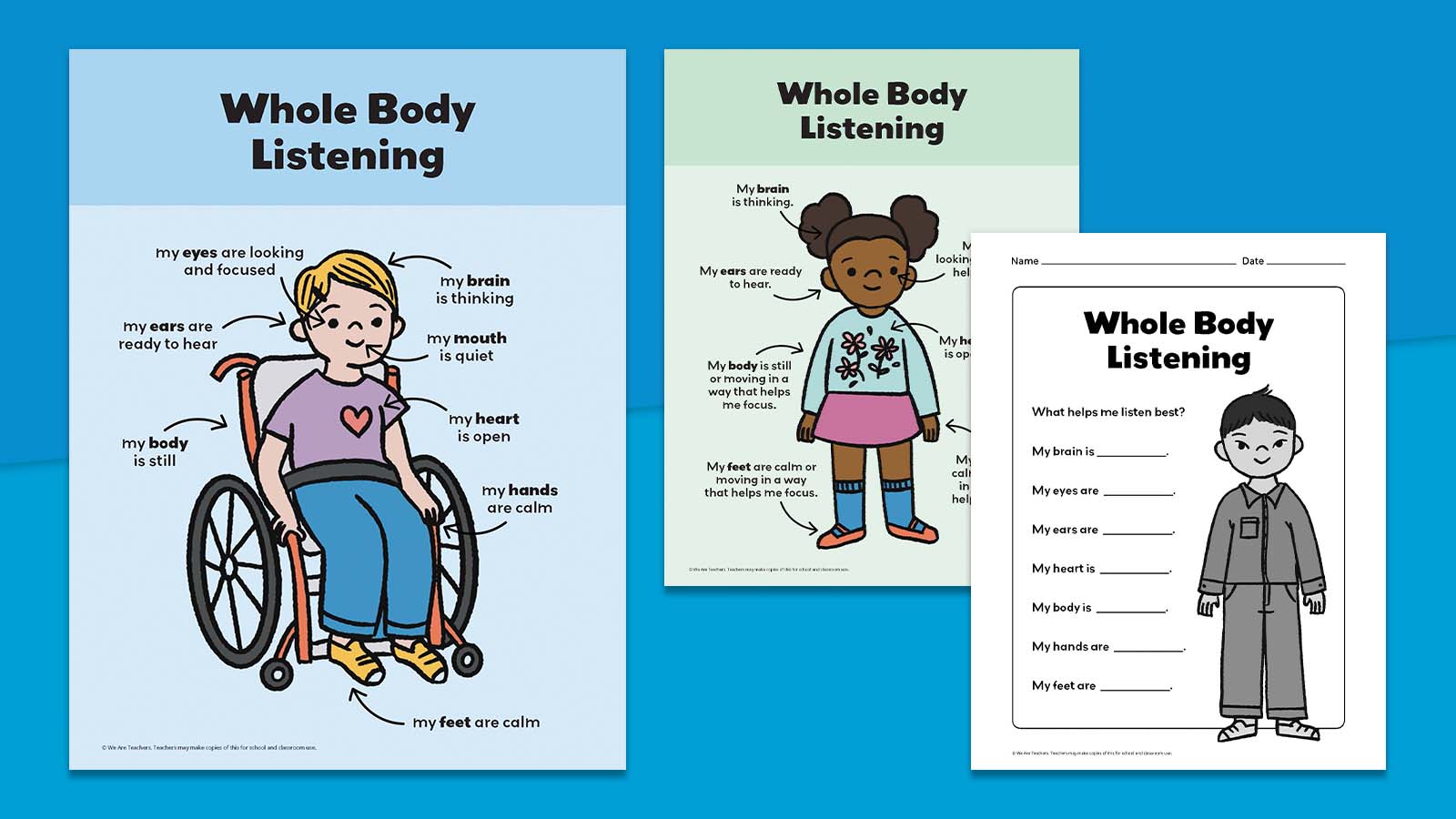 Whole body listening posters on blue background.