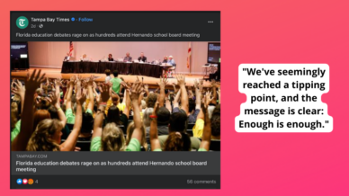 Paired image of Facebook post from Tampa Bay Times with quote about school board meeting in Florida