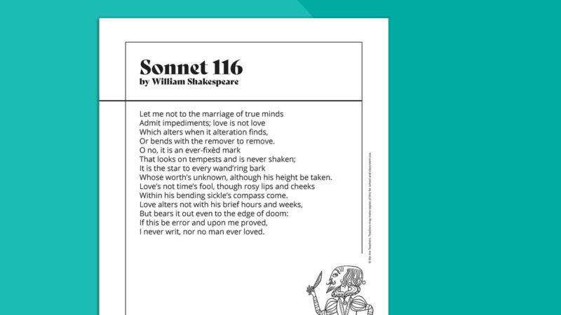 Printable poem called Sonnet 116 by William Shakespeare on teal background.