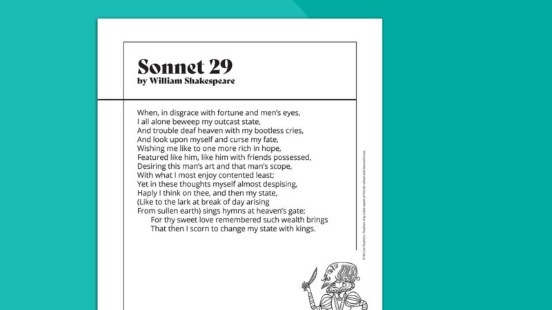 Printable poem called Sonnet 29 by William Shakespeare on teal background.