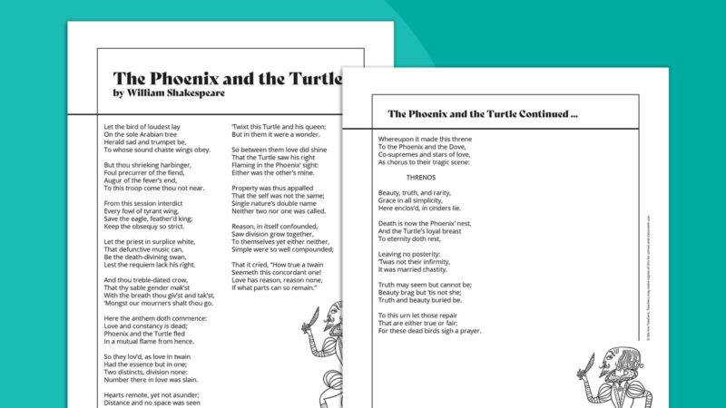 Printable poem called The Phoenix and the Turtle by William Shakespeare on teal background.