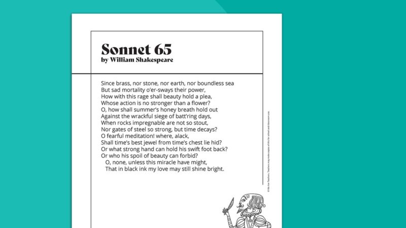 Printable poem called Sonnet 65 by William Shakespeare on teal background.