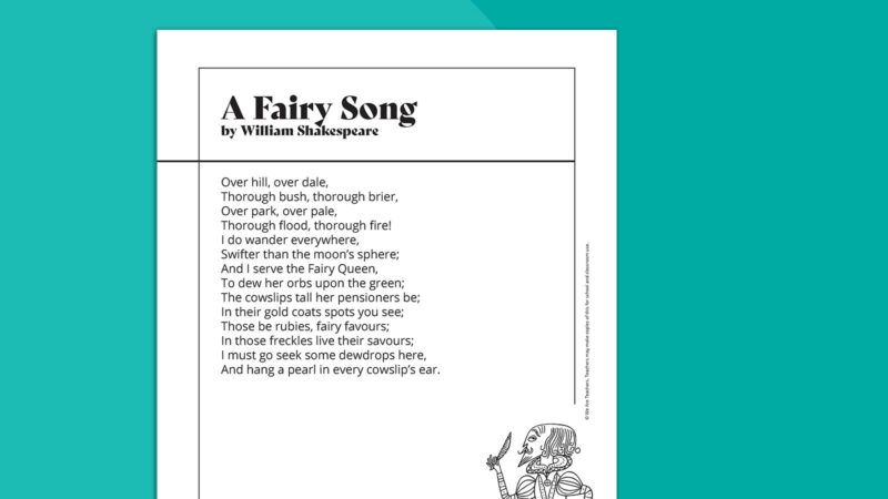 Printable poem called A Fairy Song by William Shakespeare on teal background.