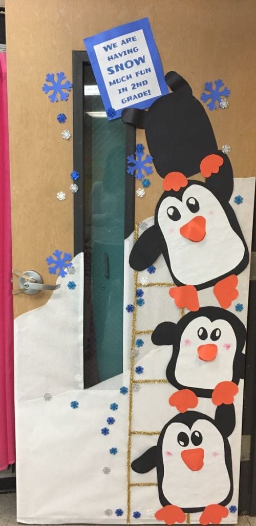 Winter Classroom Doors include this one that features penguins.