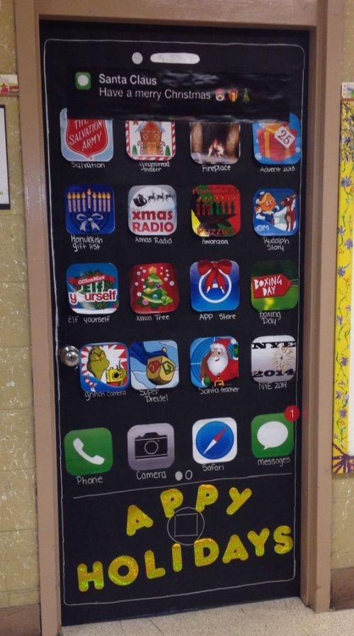 Winter classroom doors include this one that is made to look like a phone with apps on it.