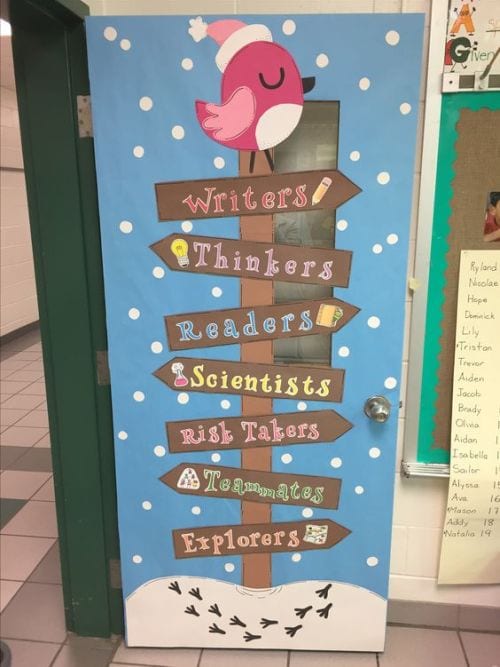 Winter Classroom Doors include this one with a sign and a cardinal sitting on the top.