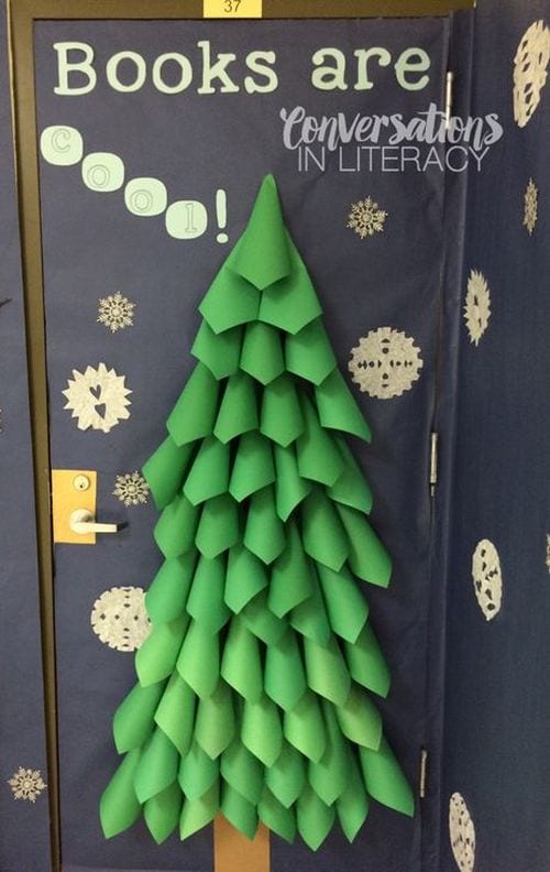 Classroom door decorated with a pine tree made of rolled green paper cones, saying Books are Cool! (Winter Classroom Doors)