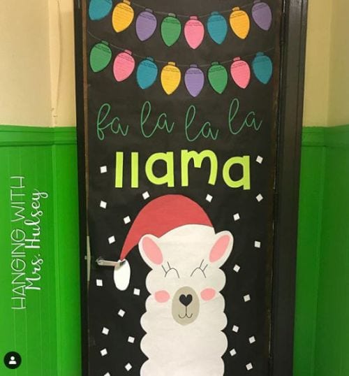 Classroom door decorated with a llama wearing a Santa hat, saying fa la la la llama (Winter Classroom Doors)