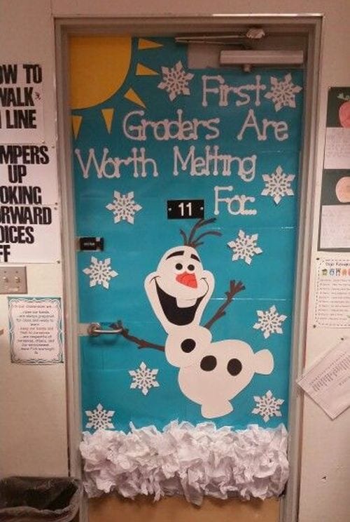 Winter classroom doors include this one that has a cut out of Olaf from Frozen on it.