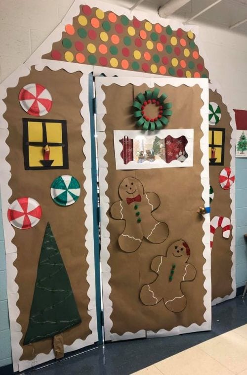 A door is made to look like a gingerbread house.