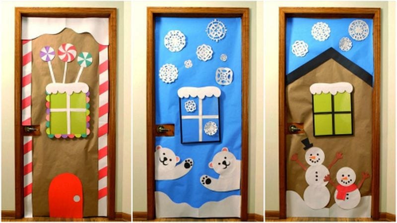 Three classroom doors are shown decorated with presents, polar bears, and snowmen.