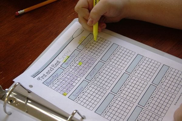 Calendar pages marking the dates of first and last snow in a season for a winter science experiment 