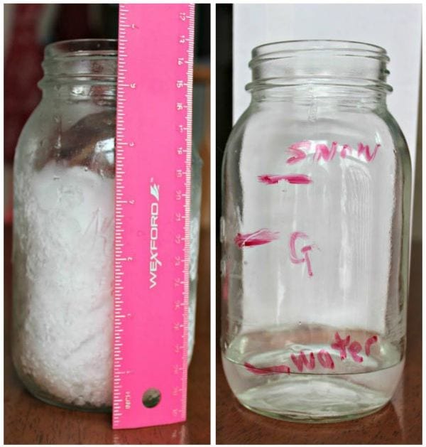 Pink ruler next to a jar of snow and a jar of water, showing the difference in volume for a winter science experiment 