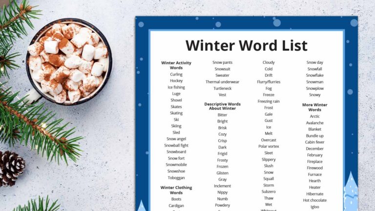 an image of a winter words printable on a festive table