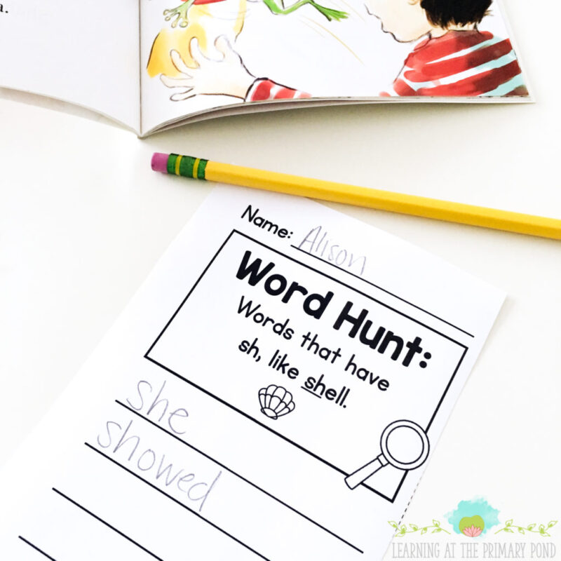 Word hunt worksheet with blank spaces to write words, a pencil, and a book lying open