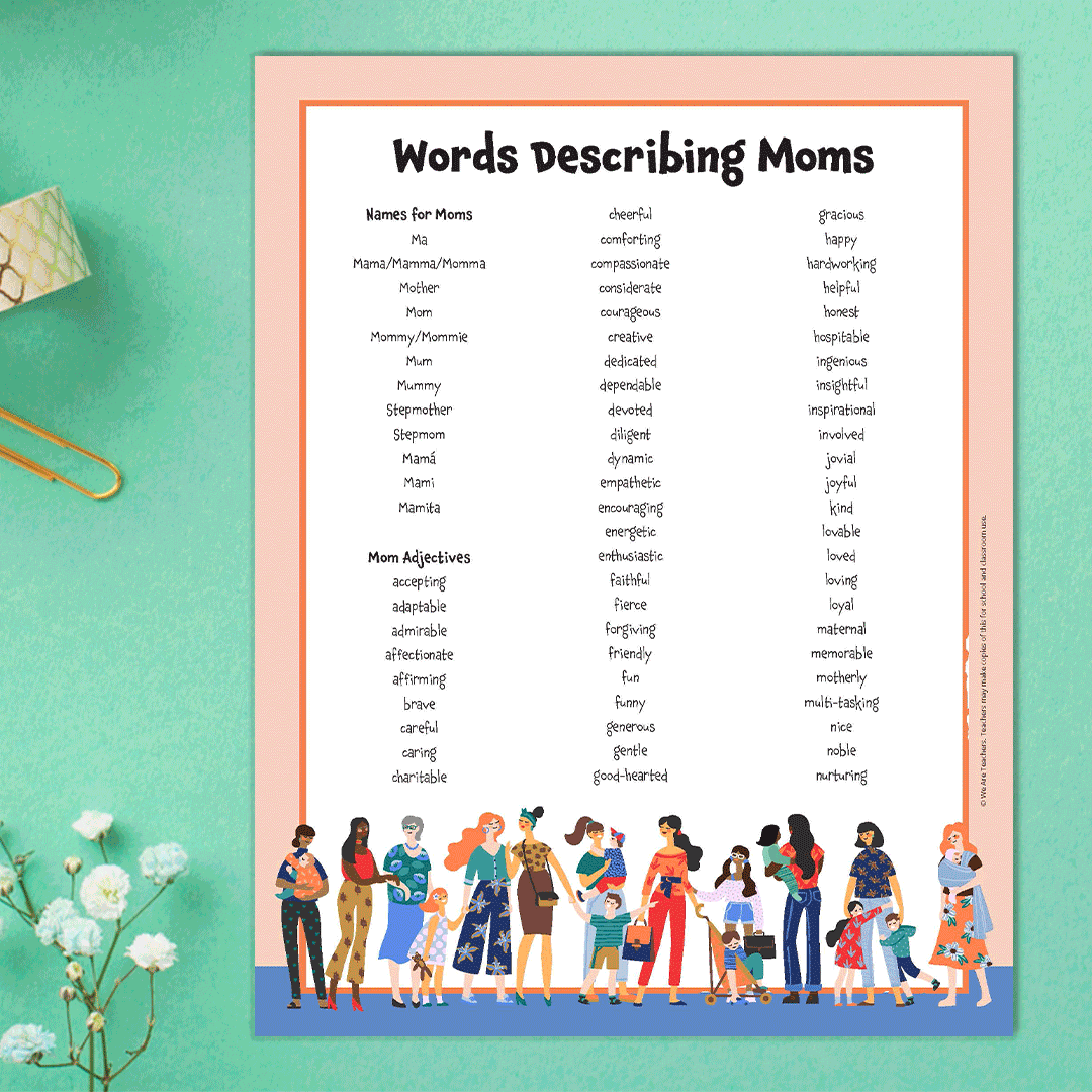 Gif featuring a printable of words describing moms on a green background with flowers.