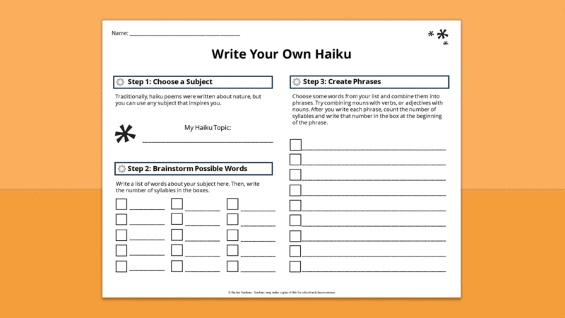 GIF featuring pages of haiku starter worksheets on orange background.