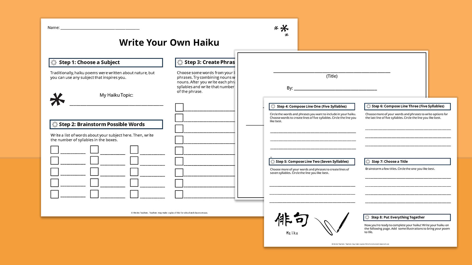 Image of haiku starter worksheets on orange background.