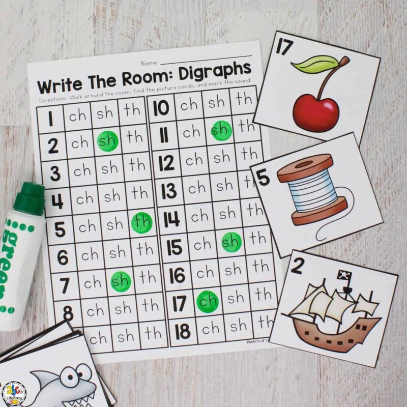Worksheet with digraphs ch, sh, and th, and green dots showing how to complete the activity, and three small pictures