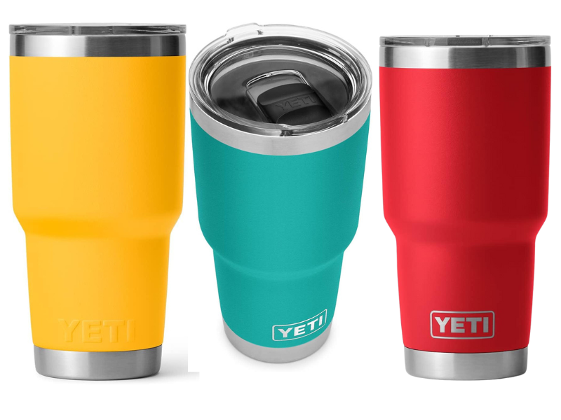 Three Yeti Rambler tumblers in yellow, teal and red.