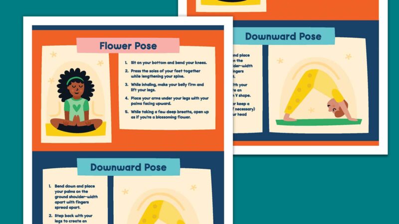 Printable yoga poses for kids posters featuring Flower Pose and Downward Pose.