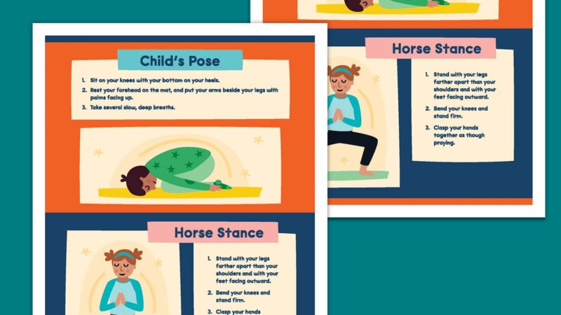 Printable yoga poses for kids posters featuring Child's Pose and Horse Stance