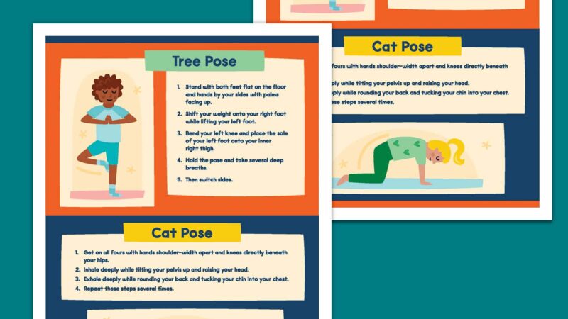 Printable yoga poses for kids posters featuring Tree Pose and Cat Pose