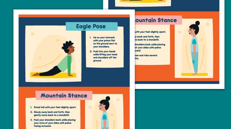 Printable yoga poses for kids posters featuring Eagle Pose and Mountain Stance