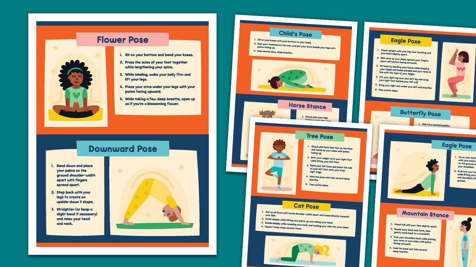 Collage of a variety of printable yoga poses for kids posters.