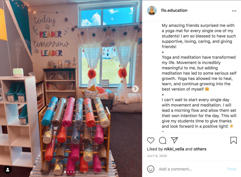 A teacher posts a photo of her "yoga corner" in her classroom on instagram. There are a rack of yoga mats, with a wall with mindfulness quotes.