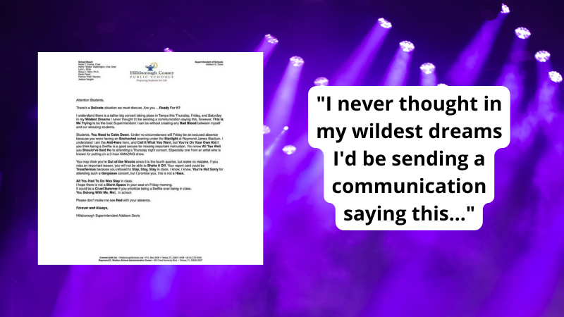 Screen shot of superintendent's letter about Taylor Swift concert