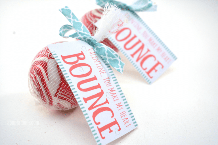 A valentine for students made from a mesh bag with a bouncy ball inside