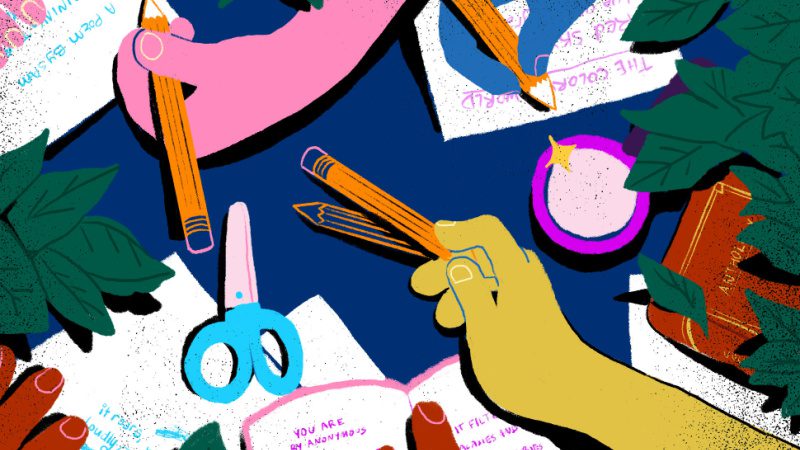 Brightly colored illustration of student hands creating poetry