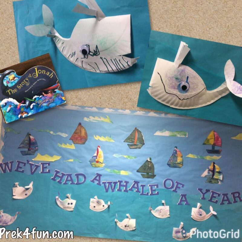 a bulletin board says We've had a whale of a year and has whales on it made from paper plates. 