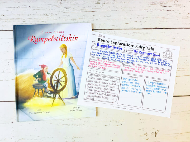 Read Across America Activities an image of the picture book, Rumpelstiltskin, with a printable genre exploration