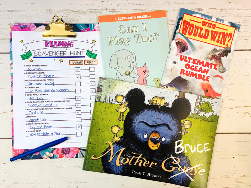 Read Across America Activities an image of a reading scavenger hunt in a clipboard with three picture books around the clipboard