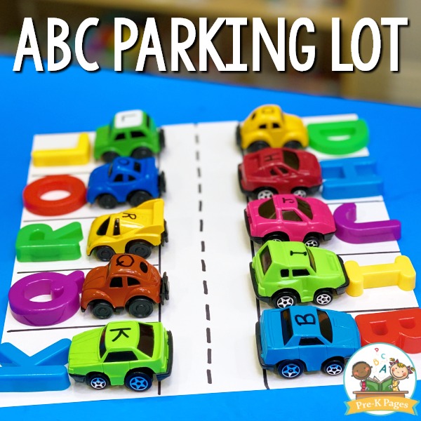 preschool activity that has students matching cars with letters and letters in a parking lot