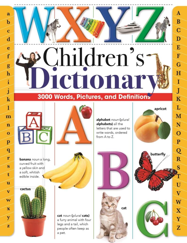 A book cover has large letters on it in different bright colors. There are photos of various items as well including bananas and a butterfly. (dictionaries for kids)