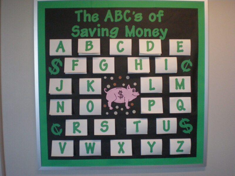 ABCs money April bulletin board