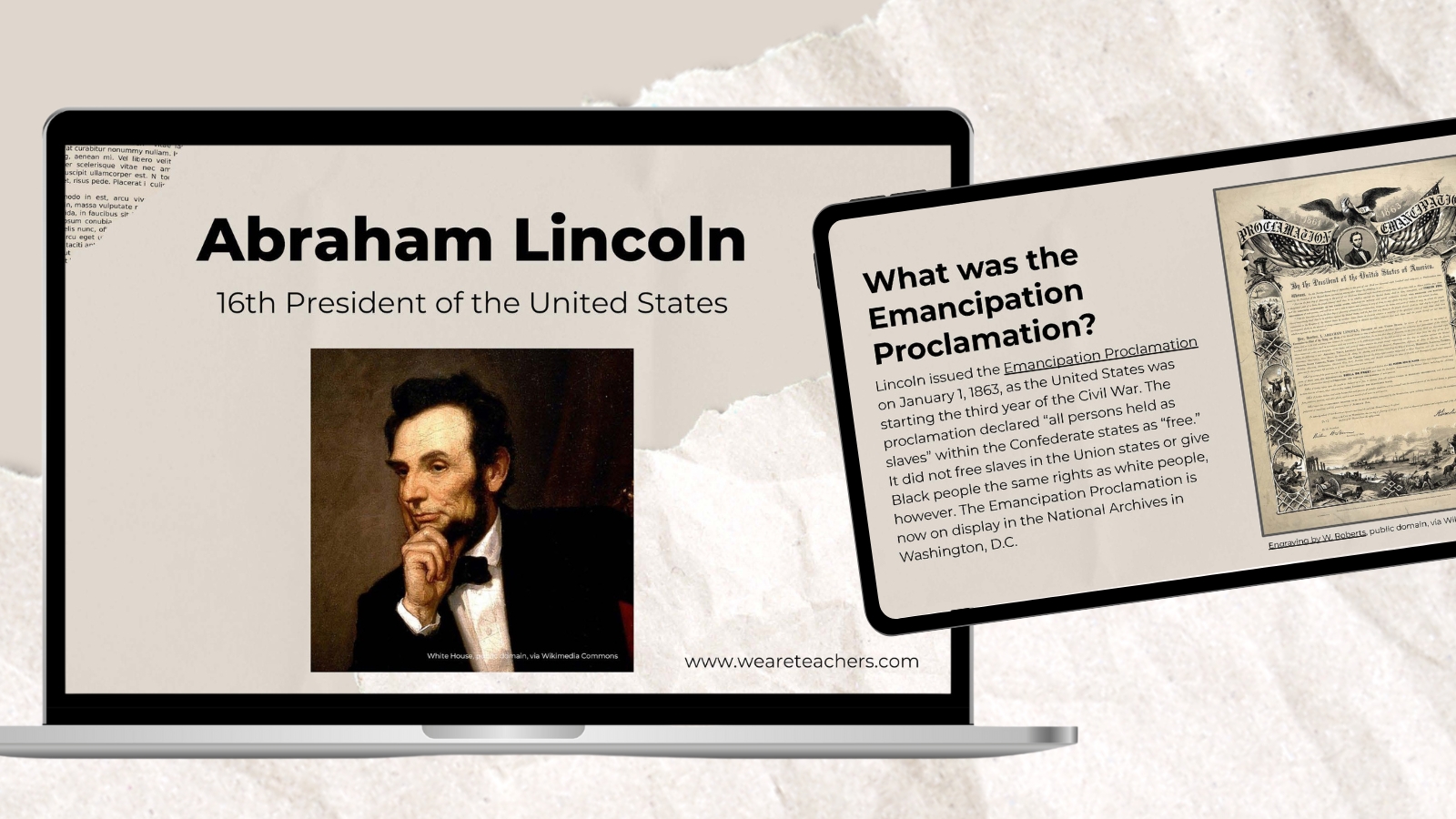 Laptop and tablet screens featuring Abraham Lincoln Google Slides.