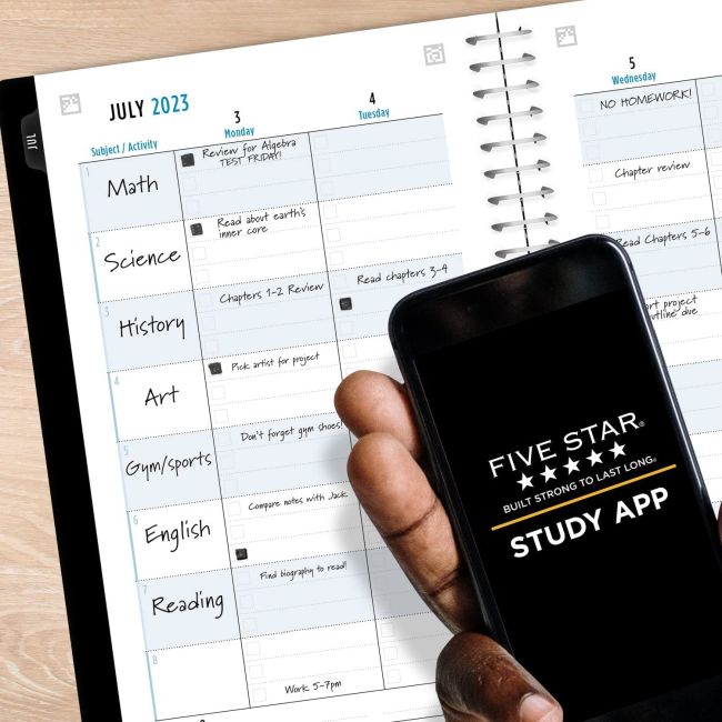Page layout from Five Star academic planner, with a smartphone displaying the Five Star Study App